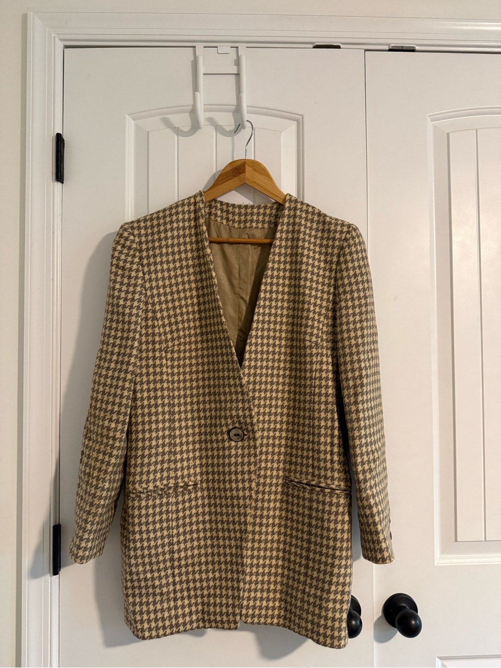 Classic Houndstooth Wool-Blend Coatigan - Beige